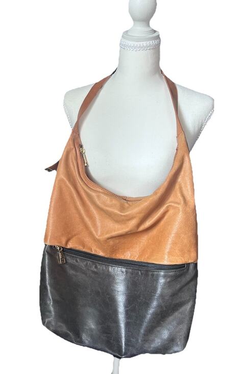HOBO Handbags - HOBO THE ORIGINAL BLACK & TAN LEATHER SHOULDER PURSE, BOTTOM STUDS, POCKETS